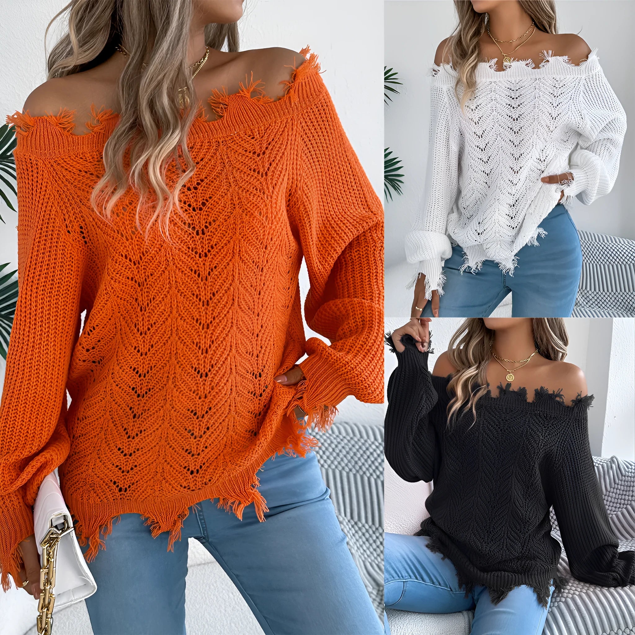 Hollow-out long-sleeved off-the-shoulder pullover sweater in artificial wool acrylic fibre available in black, orange, and white colours