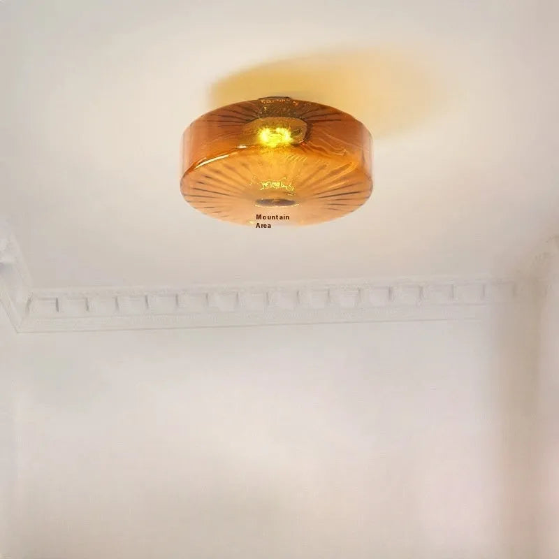 Mid-ancient French style round ceiling lamp with water pattern glass shade and iron body, 20cm diameter