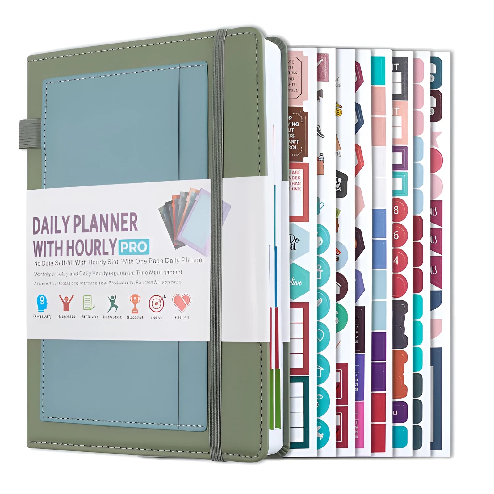A5 notebook with PU leather cover in various colours, shown open to reveal blank pages and planning stickers.