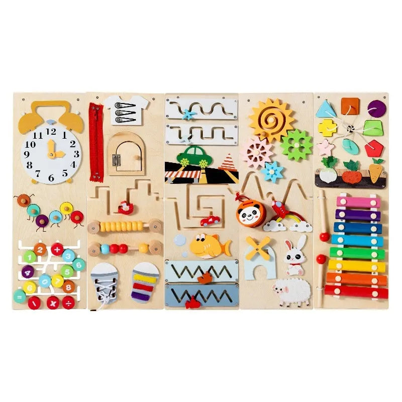 Wooden multi-functional busy wall board educational toy for children aged 4-6 with dimensions 46x15.5x18 cm