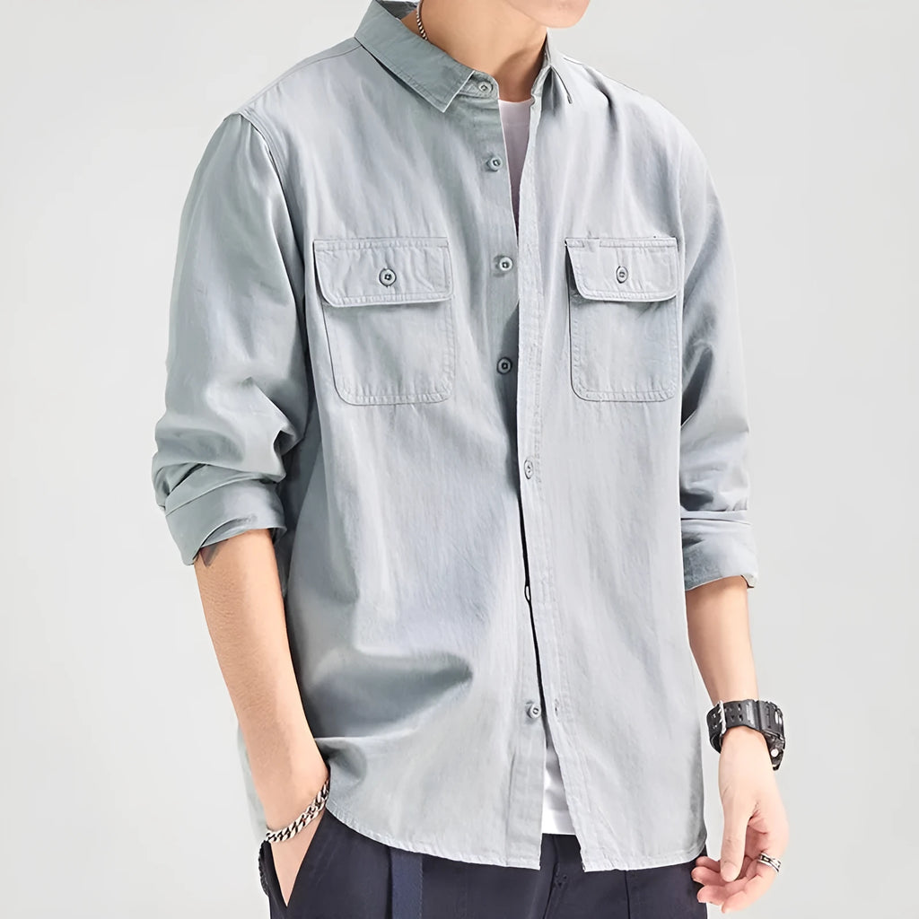 Men's loose fit long sleeve cardigan shirt in polyester available in light gray, black, khaki, and green.