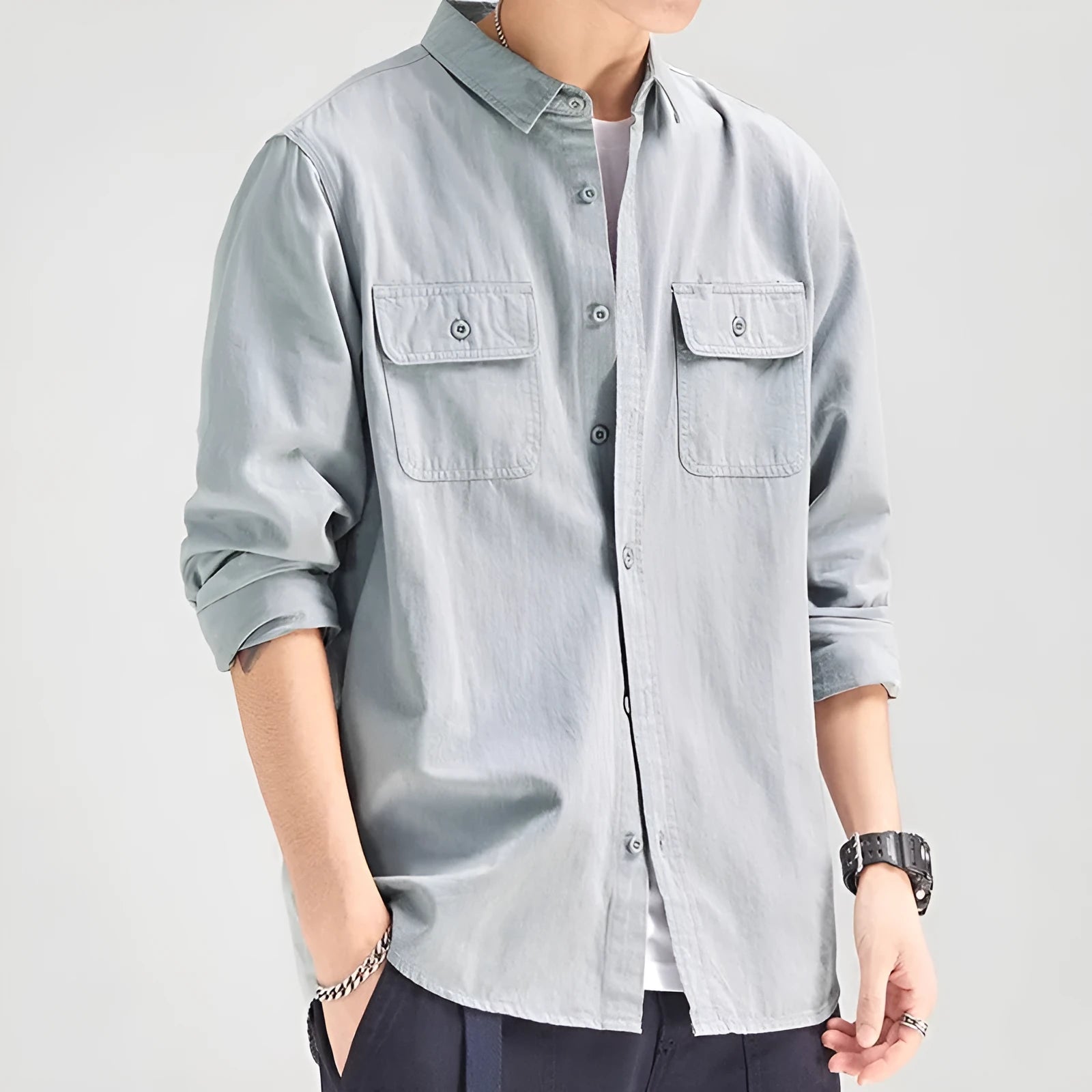 Men's loose fit long sleeve cardigan shirt in polyester available in light gray, black, khaki, and green.