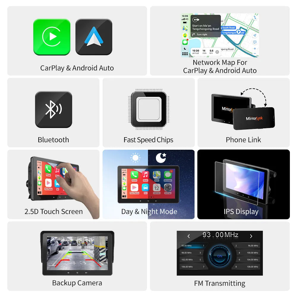 7-inch universal car wireless CarPlay display with suction cup mount on a windscreen.