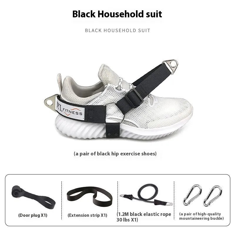 Black ankle strap with metal buckle for leg attachment in rope access or training