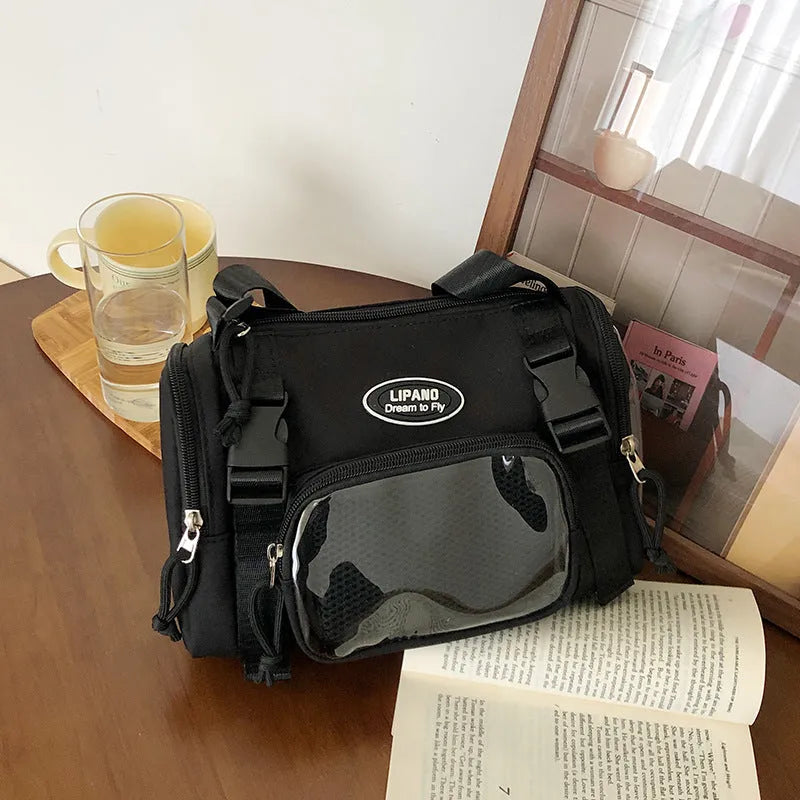 Canvas messenger bag for women, black, large capacity, square vertical shape, 25 x 11 x 21 cm