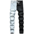 Men's two-colour fashion stitching stretch jeans in light blue and black, 95% cotton denim slim fit