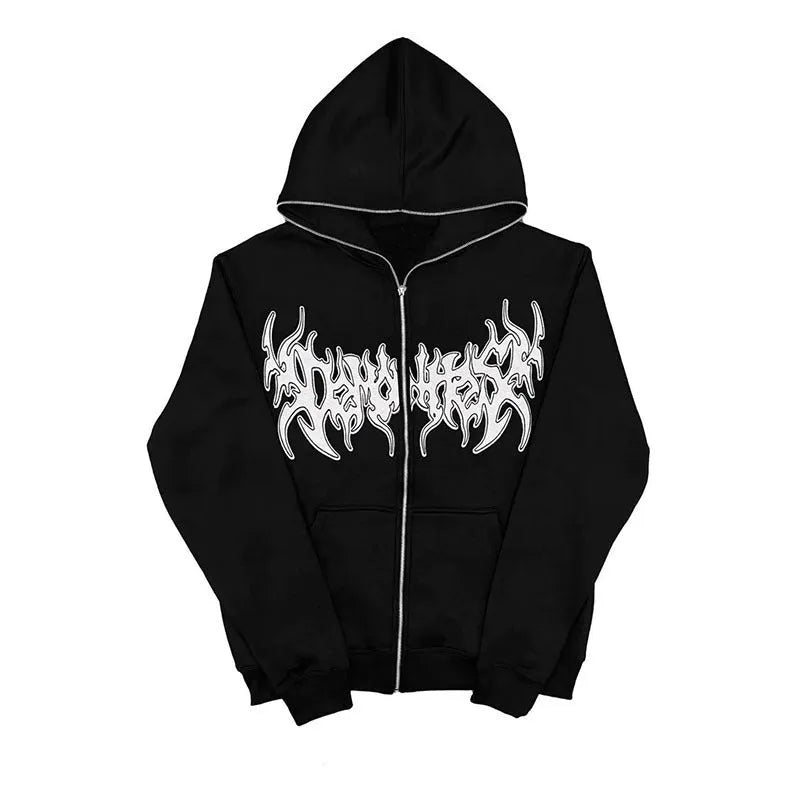 Women's personality printed full-zip hooded cardigan in black chenille-spandex fabric, loose fit