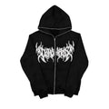 Women's personality printed full-zip hooded cardigan in black chenille-spandex fabric, loose fit