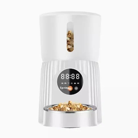 Black and white intelligent pet feeder with automatic timer and USB power cable