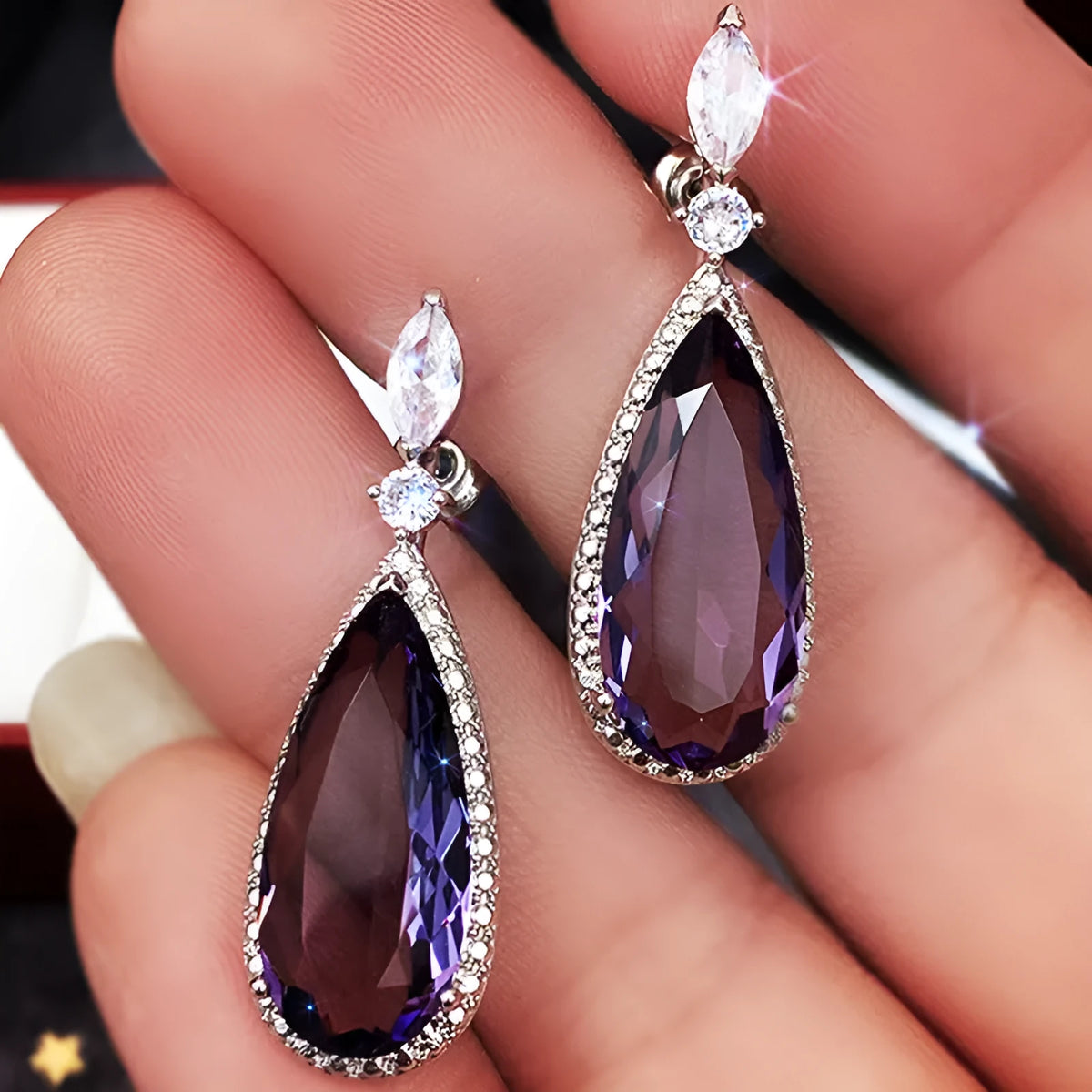 Purple zircon drop earrings with copper base and micro-inlaid design, women's bridal style, one pair.