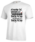 Men's white short sleeve printed casual top on a hanger.