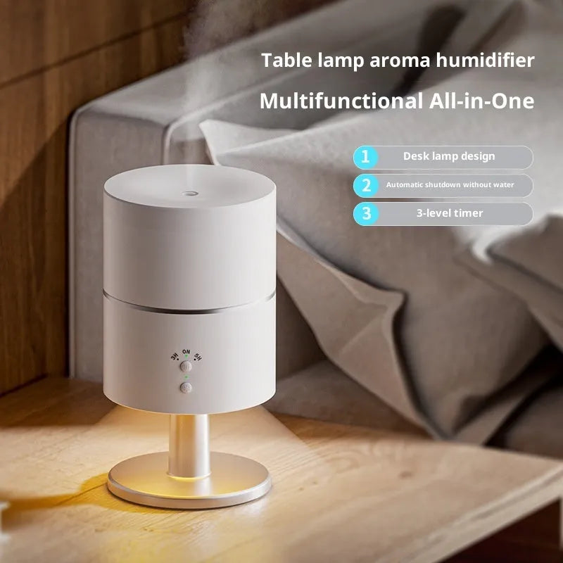 Desk lamp humidifier with ultrasonic silent night light, plastic body, white finish, 0.5L tank