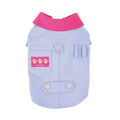 Blue and purple polyester dog vest with integrated traction rope ring for summer wear on small to medium dogs