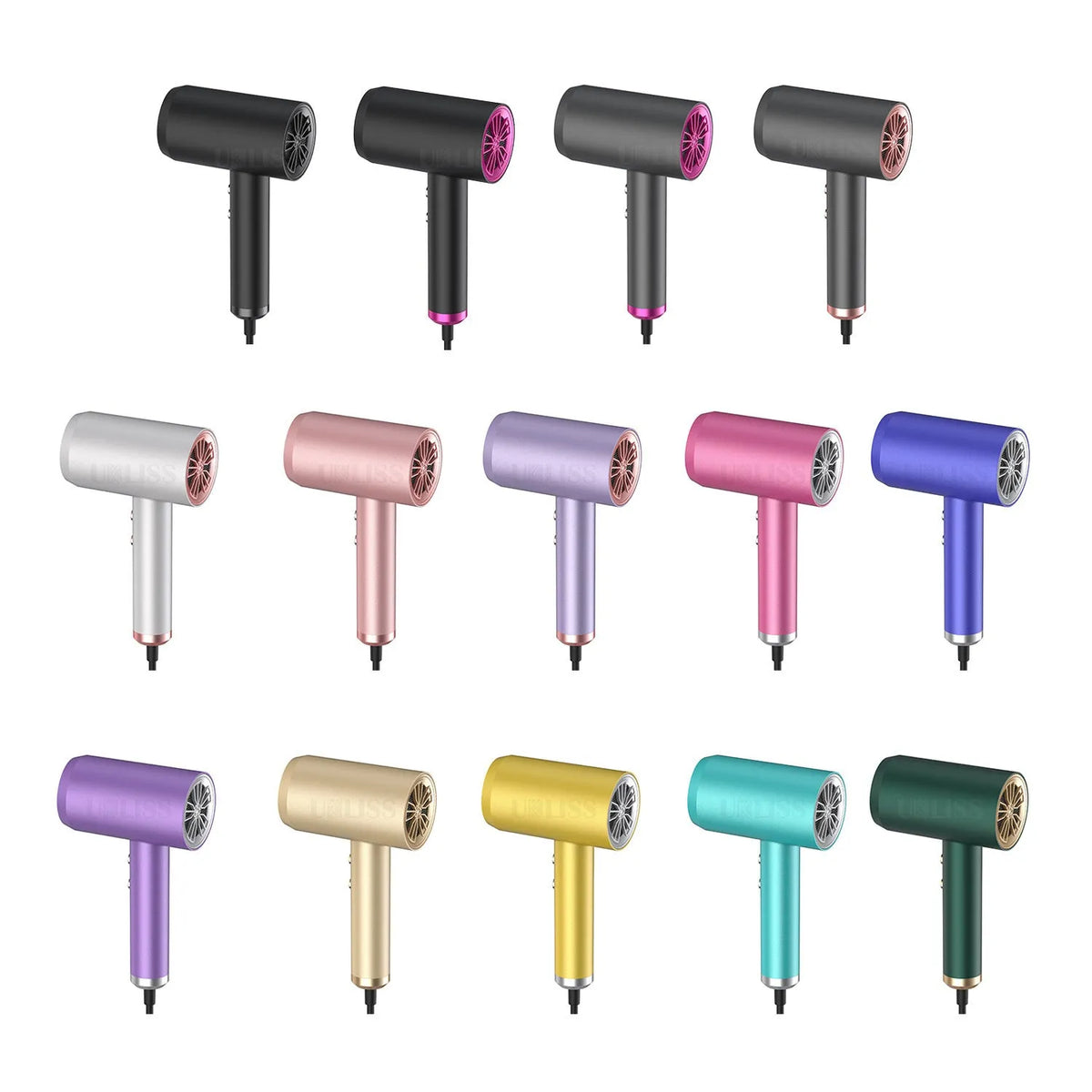 Grey household hair dryer with brushed motor, three speed gears, and air collector attachment on a white background