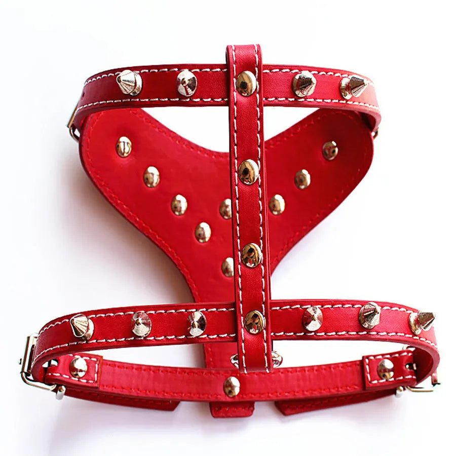 Black spiked studded PU leather dog harness vest with adjustable straps for small breeds
