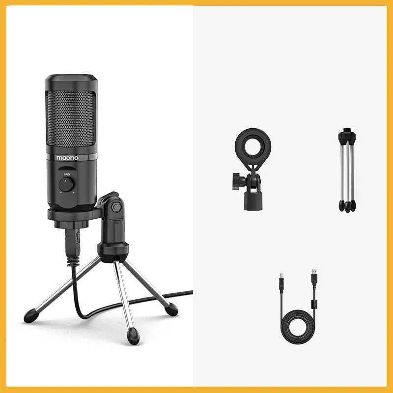 PM461 USB desktop recording microphone kit with black shock mount and tripod stand