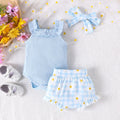 Cotton sunken stripe sling romper two-piece set for baby girls in violet and sky blue