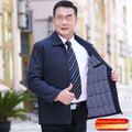 Men's padded thick cotton coat in blue with nylon shell, zip and button front, available in Asian sizes 170 to 190