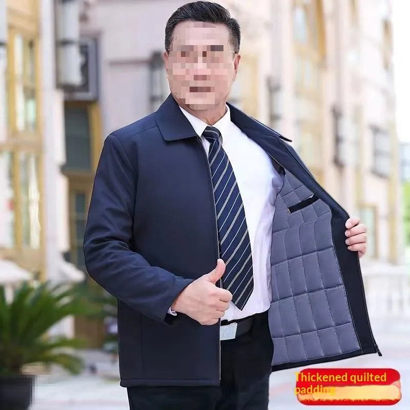 Men's padded thick cotton coat in blue with nylon shell, zip and button front, available in Asian sizes 170 to 190