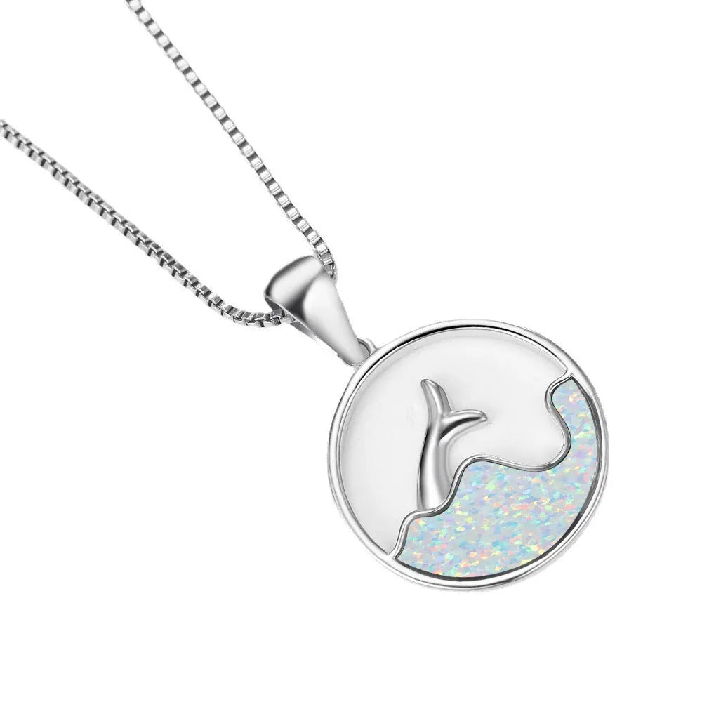 Geometric round opal pendant necklace with electroplated platinum finish on a 45cm chain.