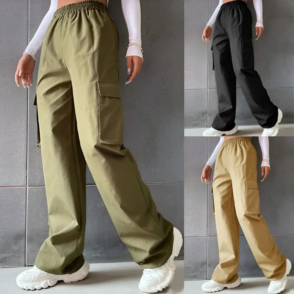 Women's high waist workwear trousers with pockets in solid colours, polyester fabric, sizes S to 2XL