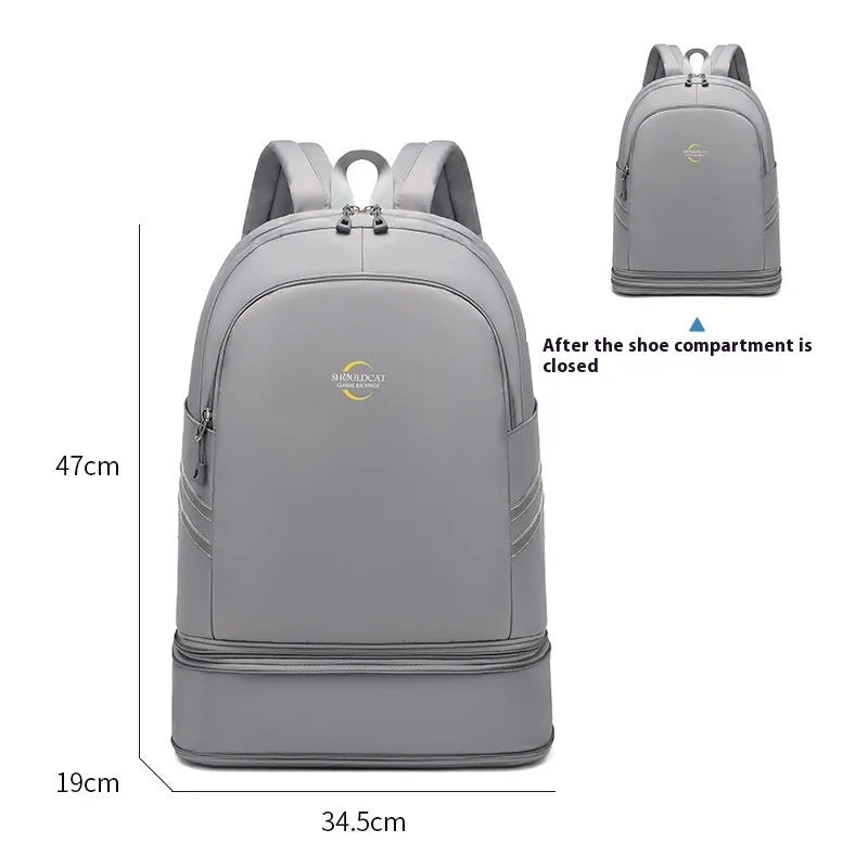 Solid colour polyester backpack with dry wet separation compartments and curved shoulder straps