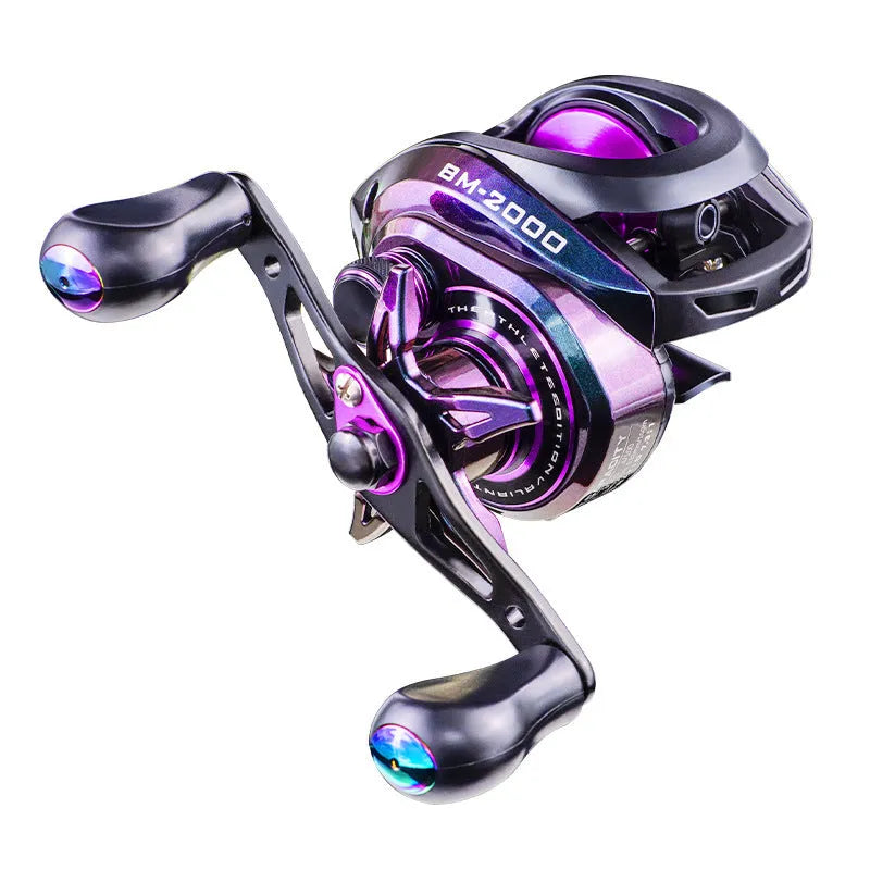 BM2000 fishing spinning reel with magnetic brake in water drop colour, showing left-hand and right-hand model options.