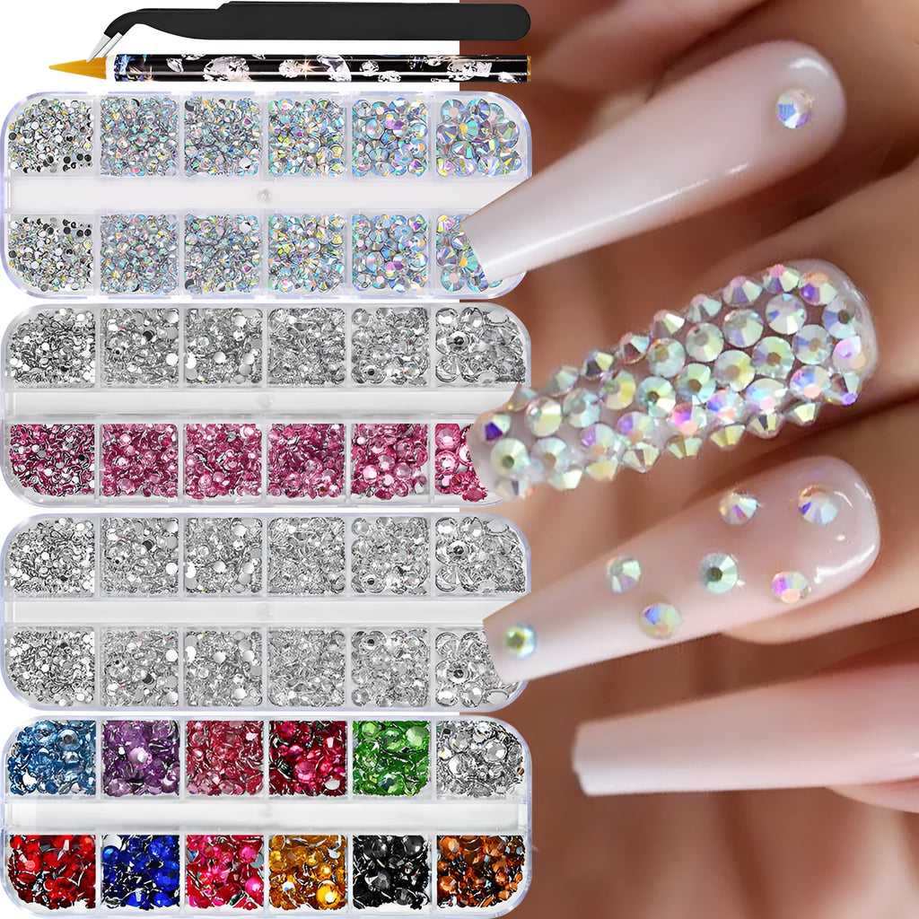 12-grid resin nail diamond strip box with mix of white, AB colour, pink diamond, round diamond, and semi-circular white pearl options