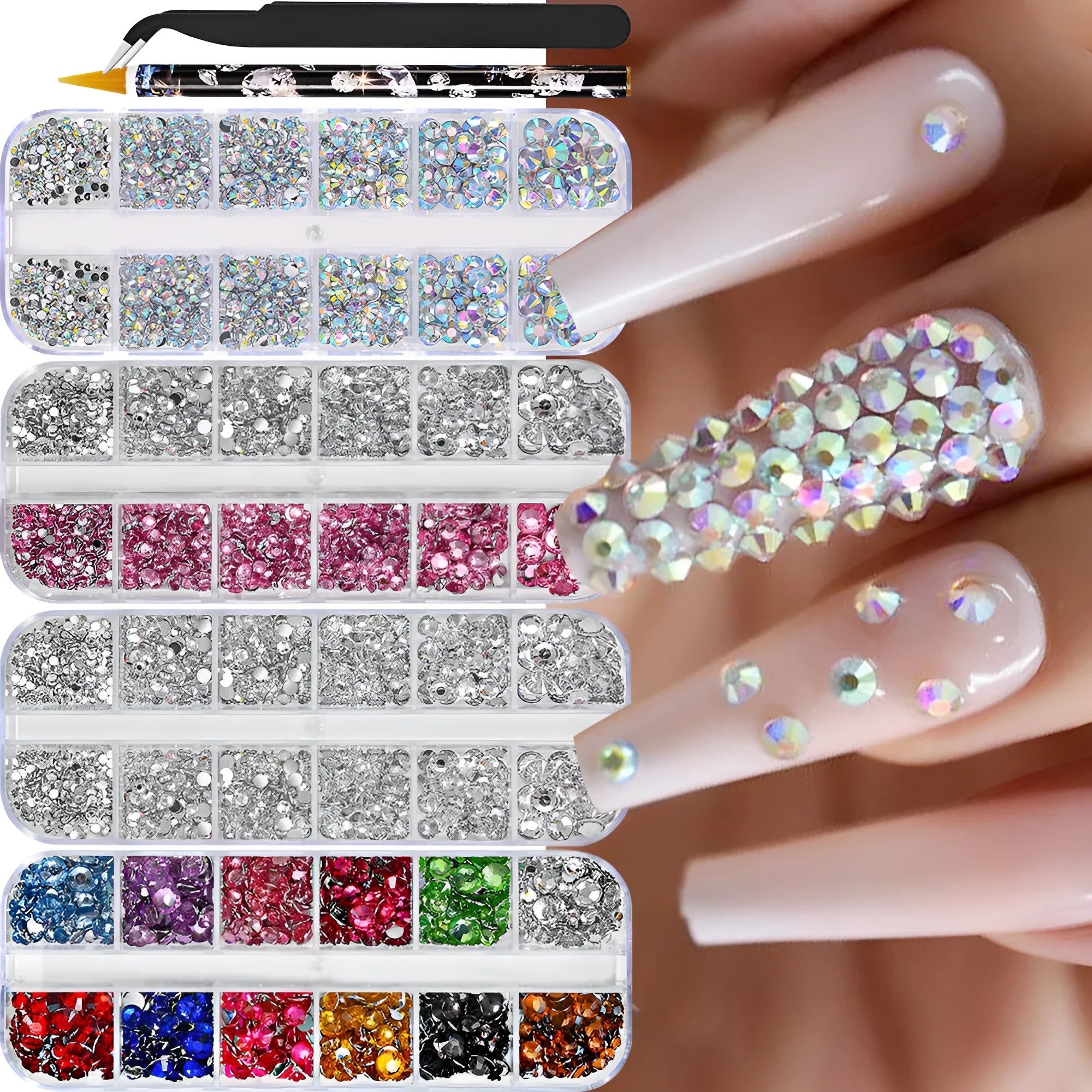 12-grid resin nail diamond strip box with mix of white, AB colour, pink diamond, round diamond, and semi-circular white pearl options