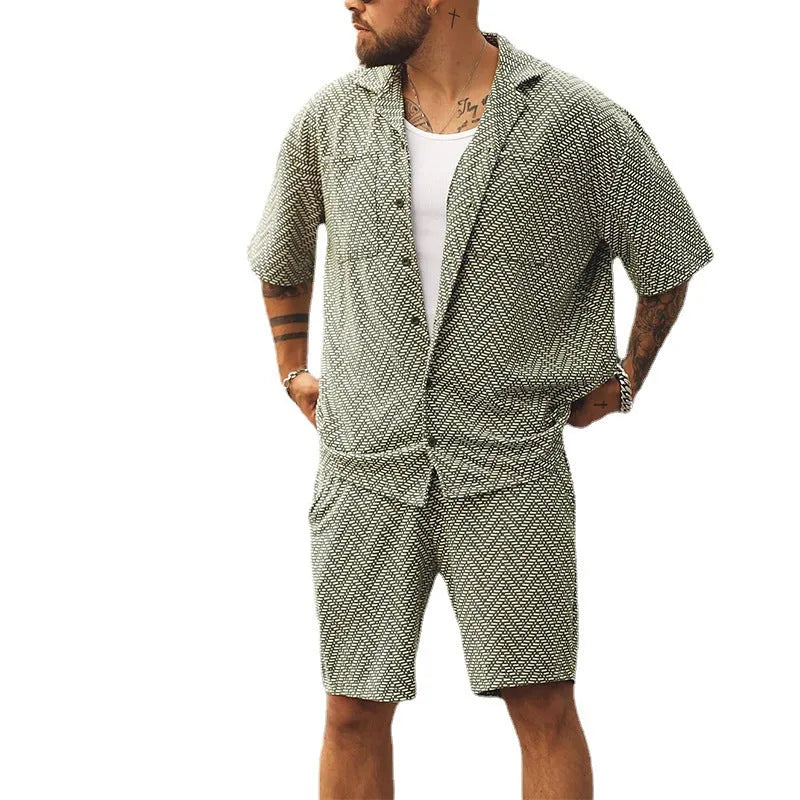 Men's casual short sleeve shirt and shorts set in grayish green polyester fabric, front view