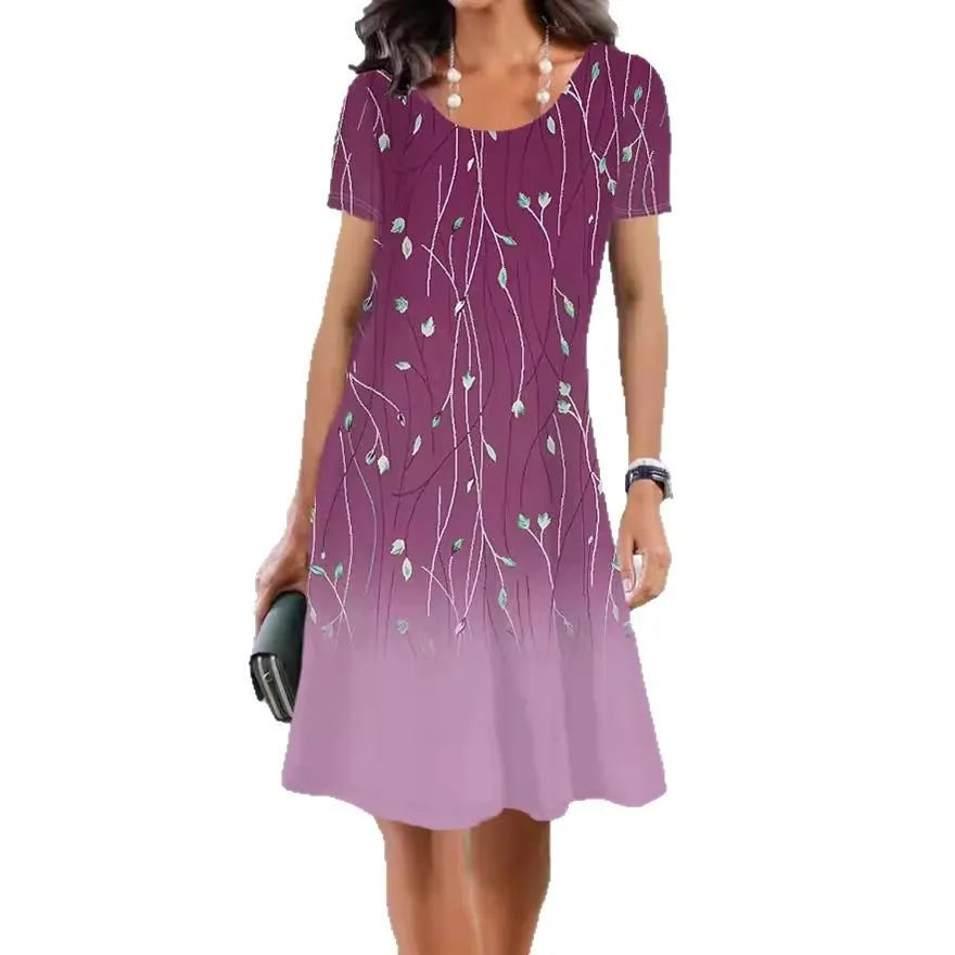 A-line floral print summer dress with short sleeves and a round neck, made from light ice silk fabric.