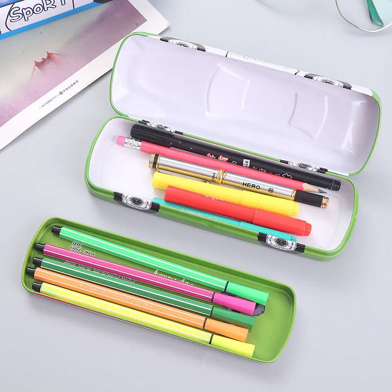 Tinplate racing car shaped double-layer stationery box pencil case with cartoon patterns