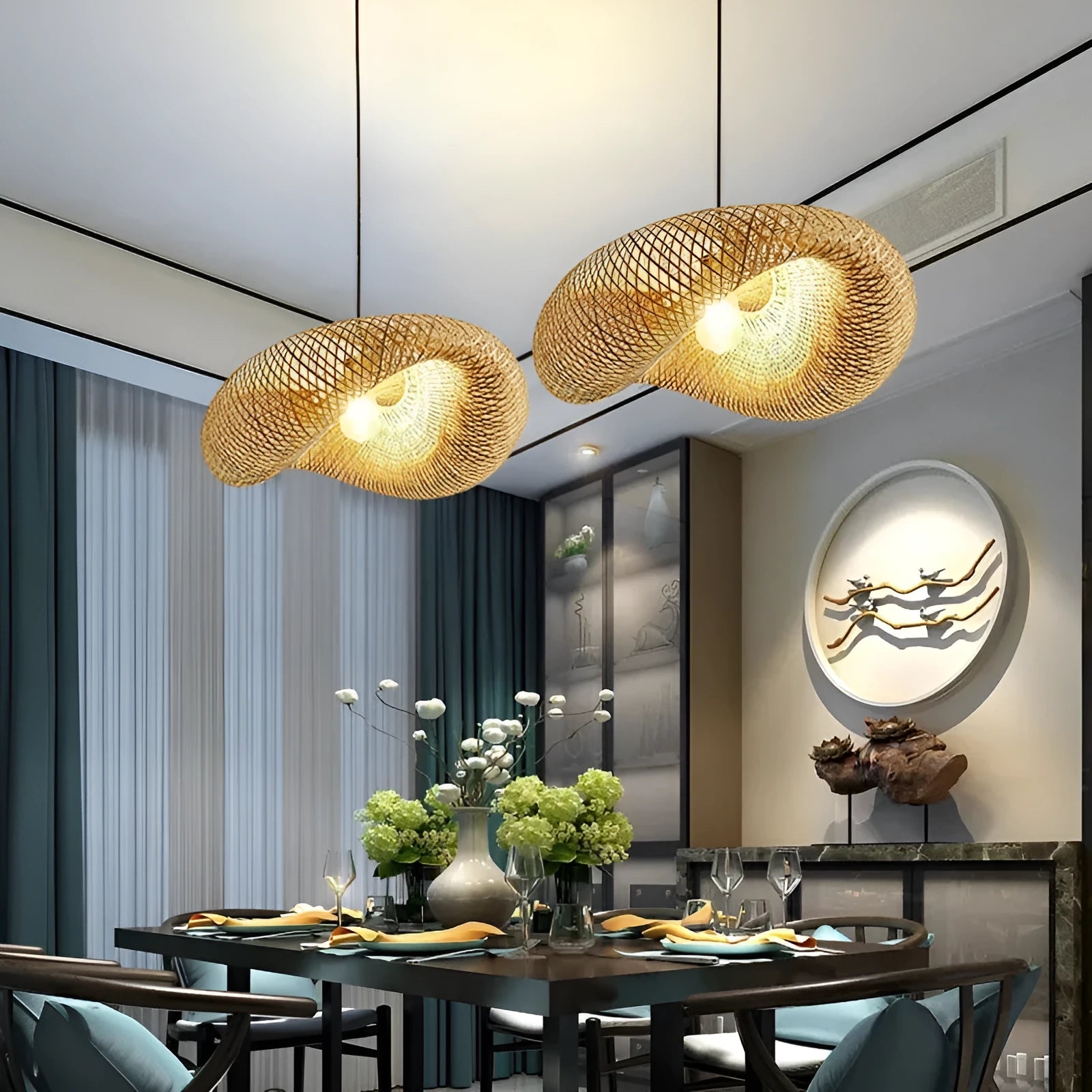 Bamboo straw hat-shaped hanging lamp with natural rattan shade measuring 50cm diameter