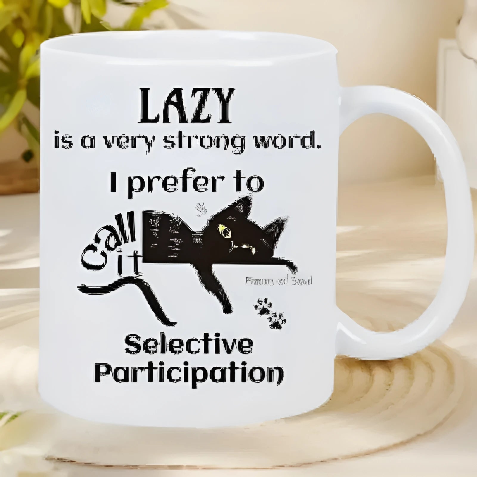 Ceramic thermal transfer mug with creative picture style design showing 11oz capacity markings