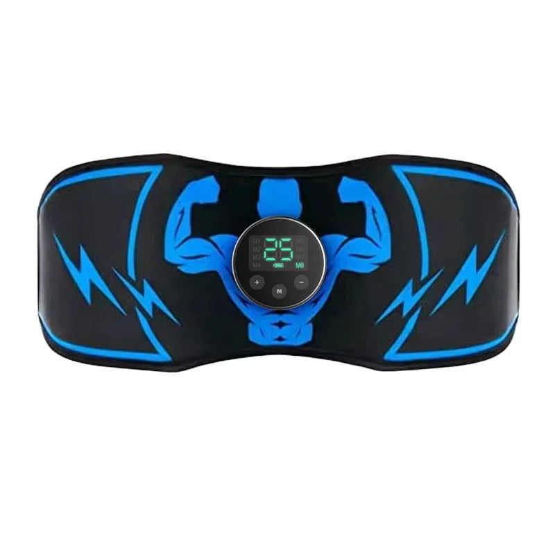 Blue EMS abdominal muscle stimulator belt with wireless remote control and adhesive arm stickers