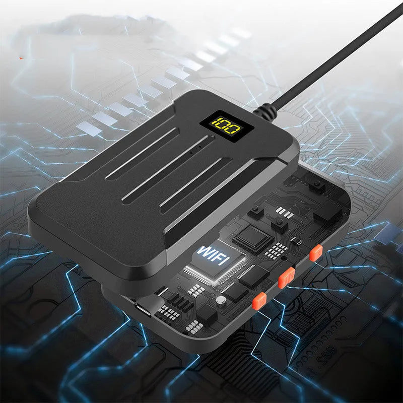 F300 wireless endoscope with dual 5.5mm and 8mm camera probes, magnet, and hook accessories on a dark background