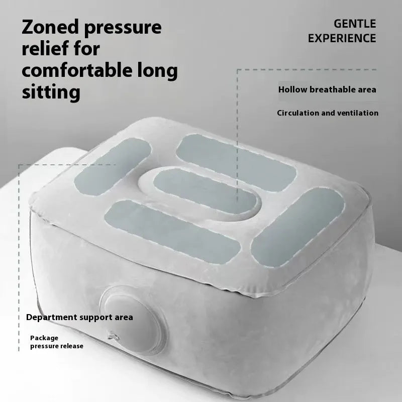 Inflatable seat cushion with flocked texture shown inflated and folded
