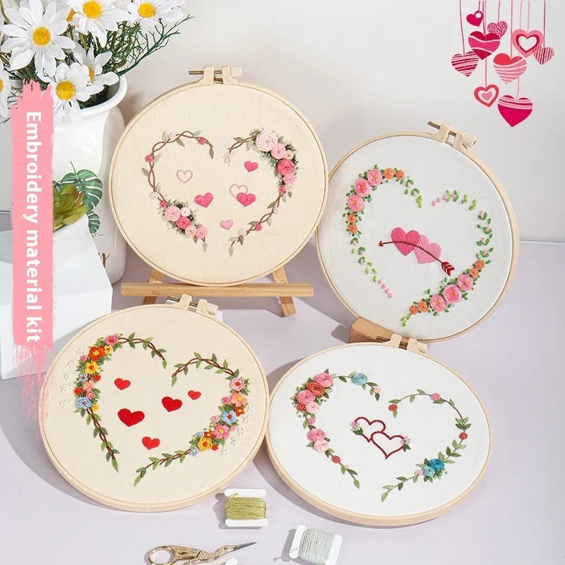 DIY embroidery kit with heart-to-heart love design on cotton cloth, 20cm bamboo taboret frame, Nordic style, Valentine's Day craft