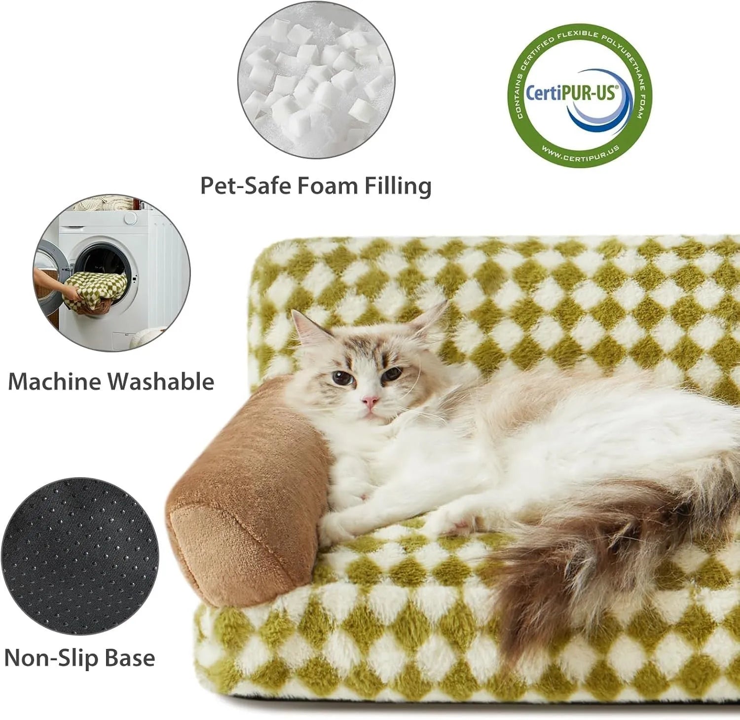 A checkered pattern pet sofa bed for a small dog or cat on a wooden floor.