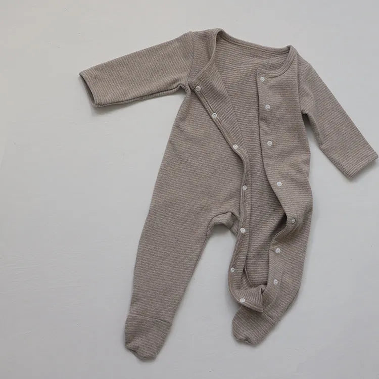 Single-breasted striped socks climbing suit for baby, cotton, beige colour, sizes 66-90cm, real shot on model