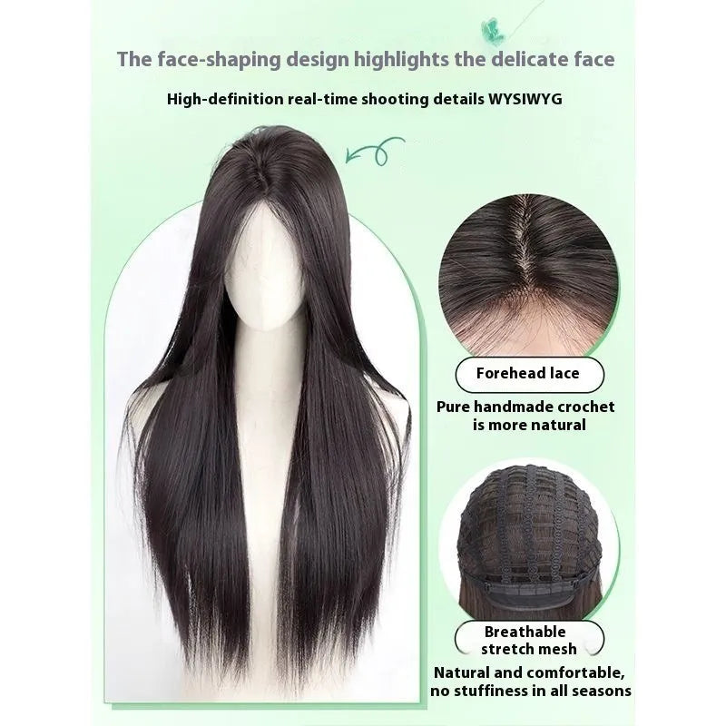 Women's full-head fluffy wig with forehead lace in brown black high temperature fibre.