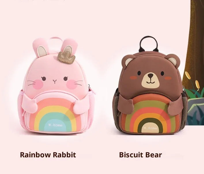 Girls' kindergarten backpack in rainbow bear pattern made from diving cloth with curved straps