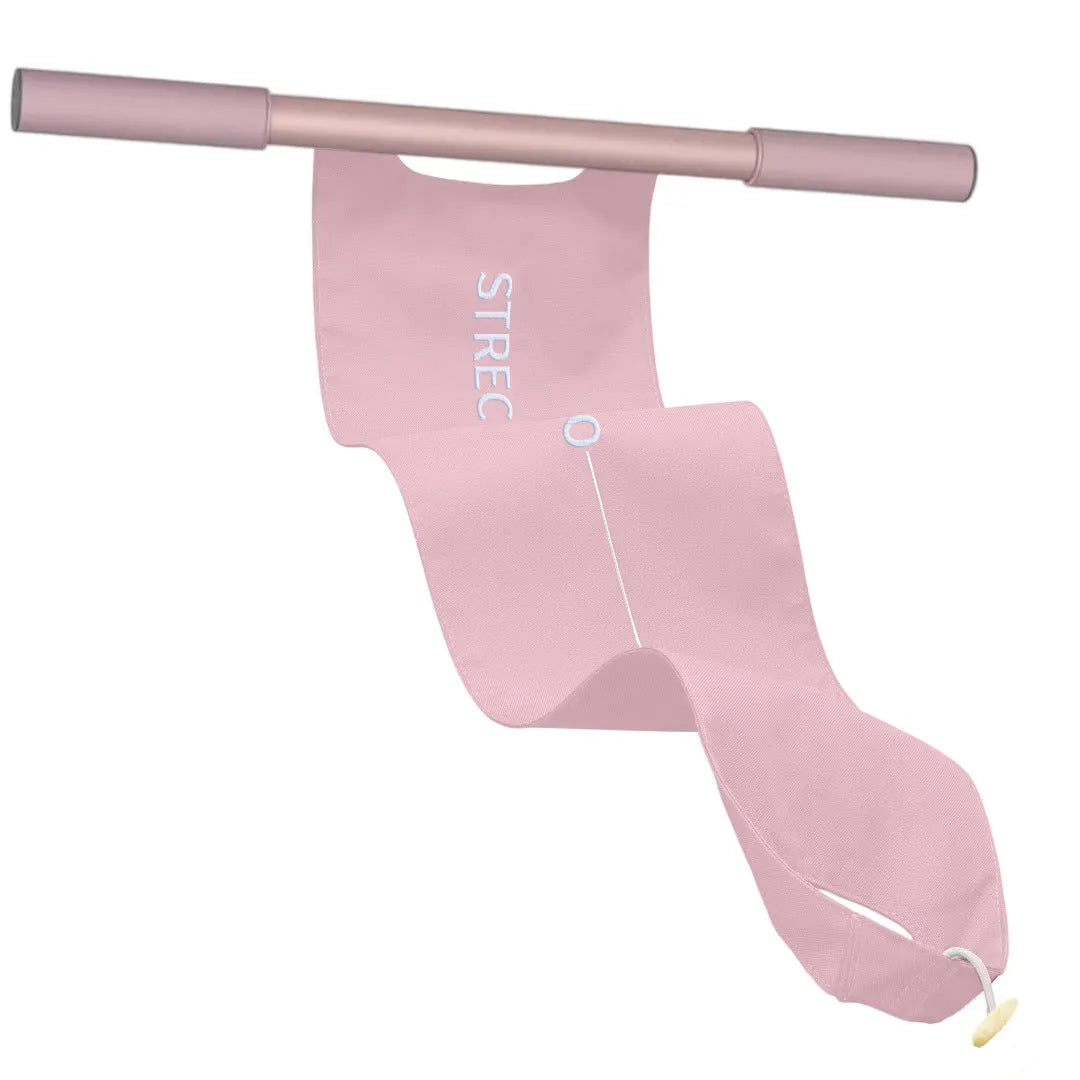 Grey and pink yoga stretching tool for shoulder, back, and hip flexibility training.