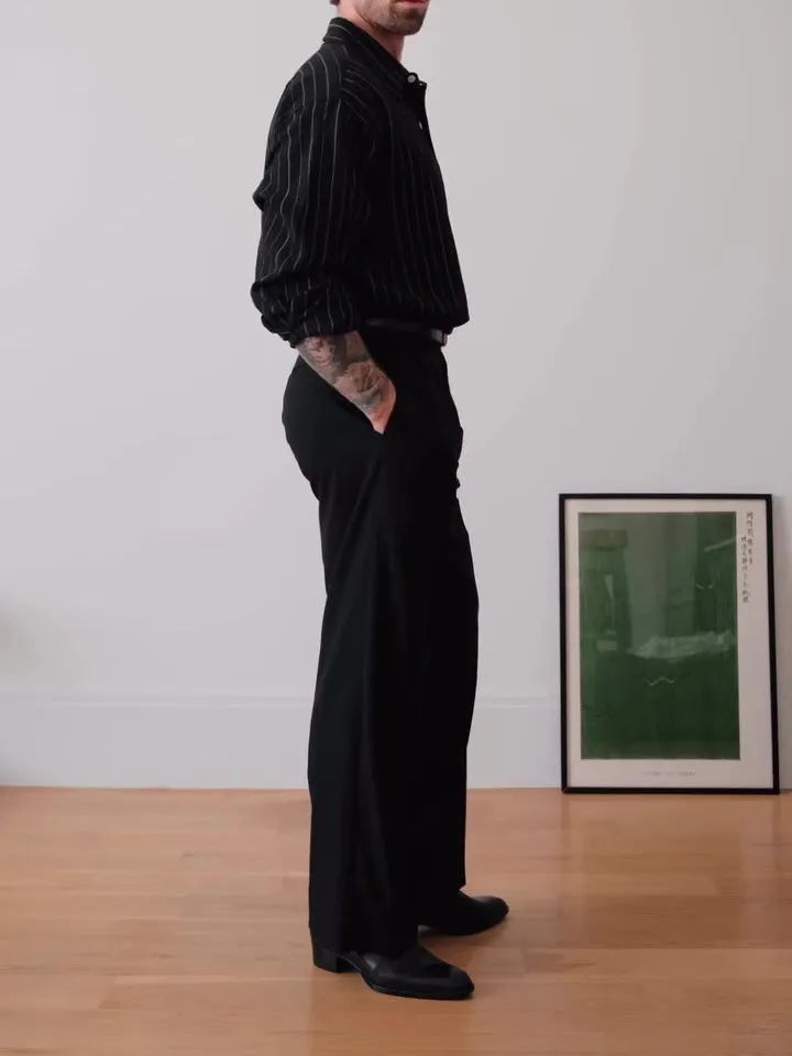 Black pinstriped button-down business shirt with long sleeves and regular fit
