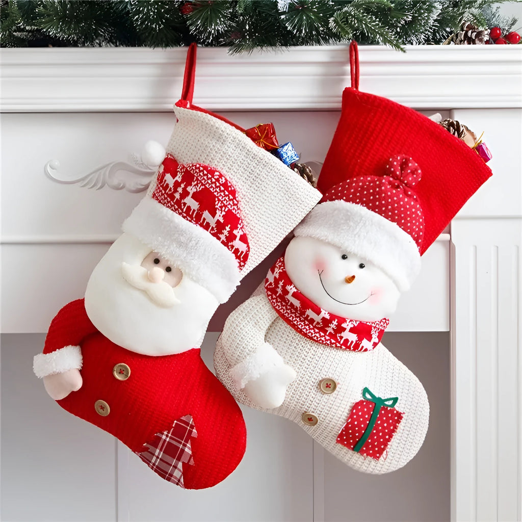 Large red and white knitted Christmas stocking with Santa Claus design hanging on fireplace