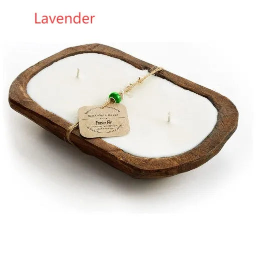 Retro lavender coloured wooden basin containing a soy wax aromatherapy candle with three wicks.