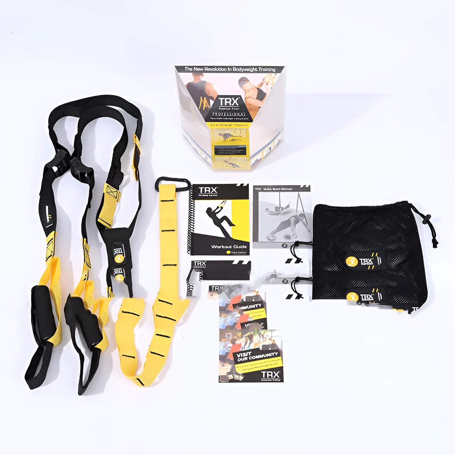 Suspension training belt set with nylon webbing and resistance band for home gym
