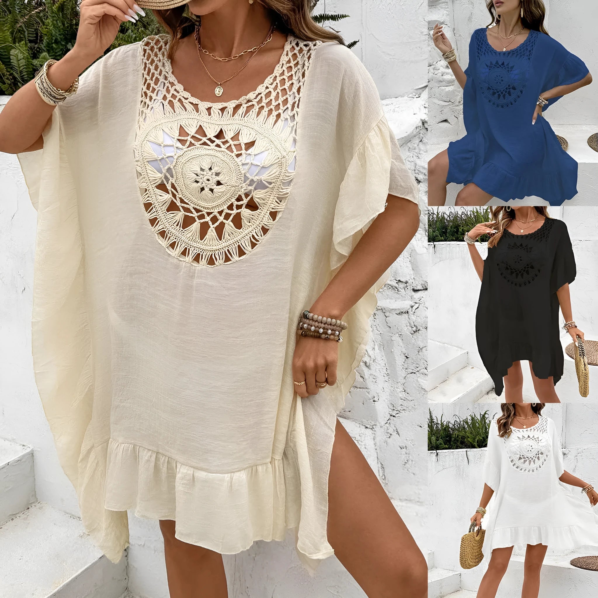 Crochet patchwork beach dress with tassel trim in apricot colour.
