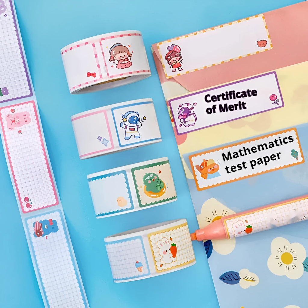 Roll of cartoon tape name stickers showing dinosaur, astronaut, rabbit, and girl designs with 60 stickers