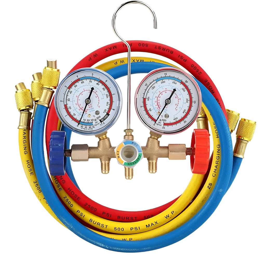 Refrigerant instrument cluster with yellow and red colour-coded hoses, brass manifold, and hook for automotive AC service
